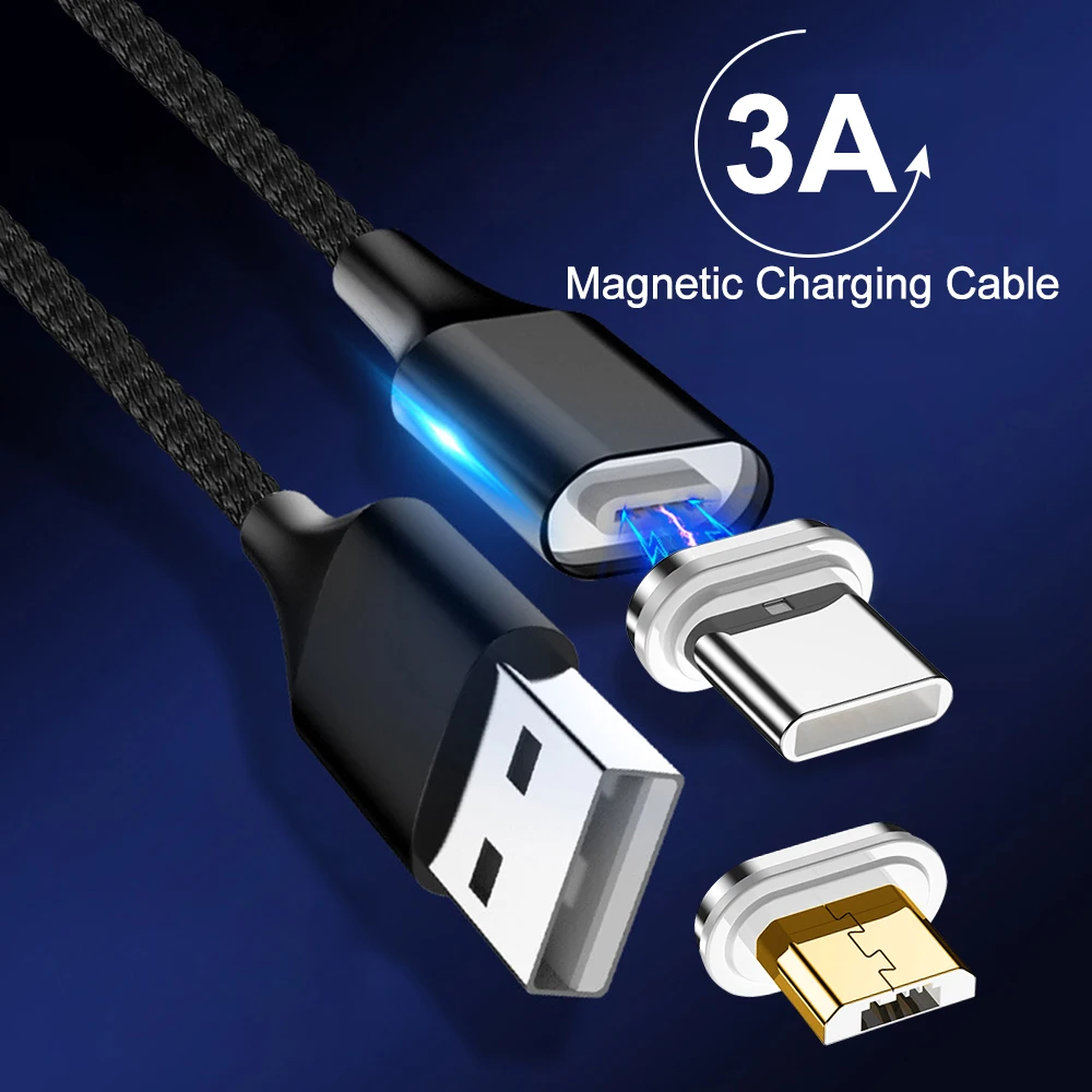 1 м Магнитный кабель для быстрой зарядки 3A для samsung для Xiaomi для huawei зарядное устройство Быстрая Зарядка Micro usb type C Магнитный телефонный кабель