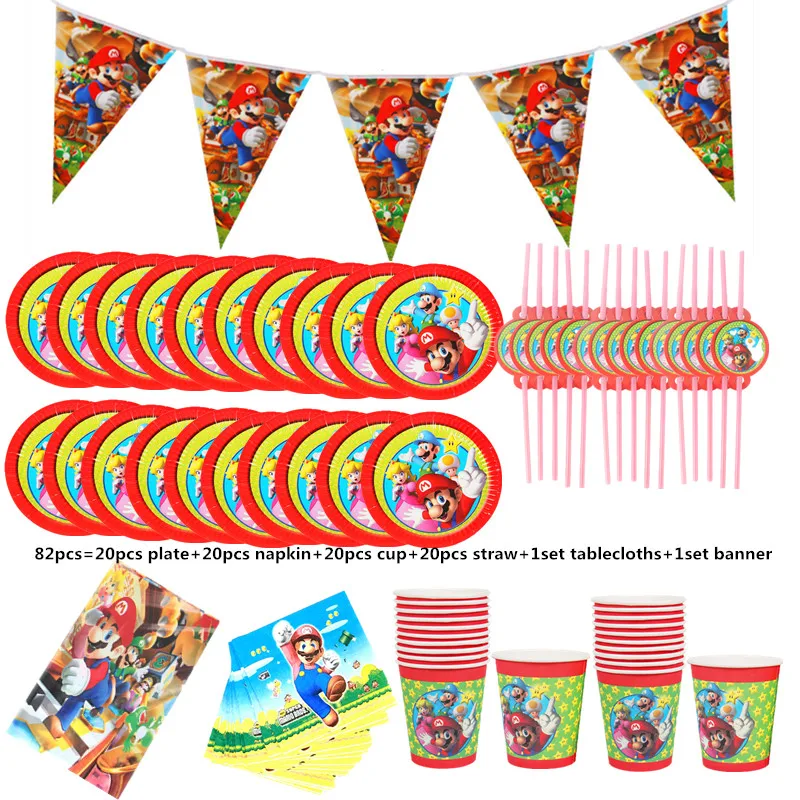 82pcs 82 шт. набор украшений Mario Bros для вечеринки на день рождения, салфетки Супер Марио, скатерть, чашки, тарелки, одноразовая посуда, набор - Color: 82pcs