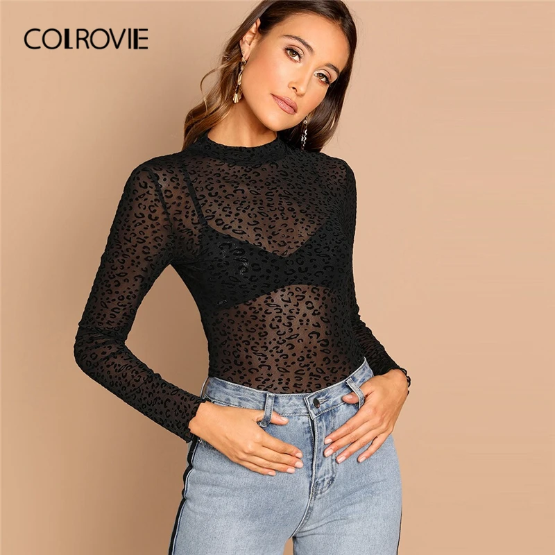 COLROVIE/черный топ с леопардовым принтом и сеткой без бюстгальтера ...