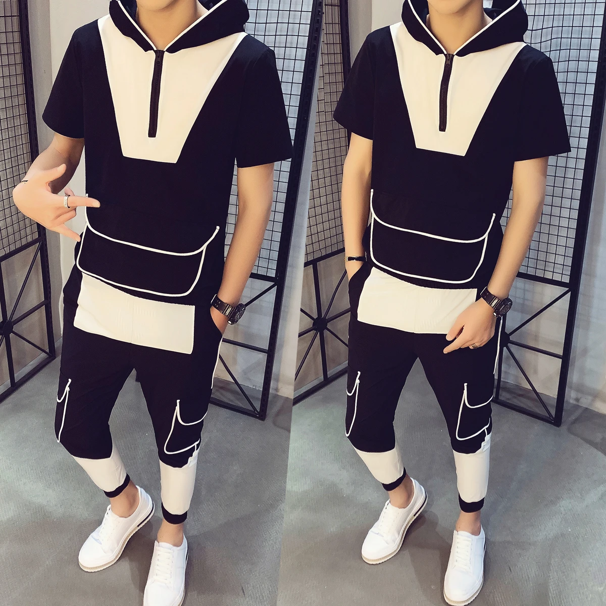 

Two Piece Set Men Hip Hop Short Sleeve Hooded T-shirt + Pant Moda Hombre 2020 Summer Tracksuit Men Personality Print Track Suit