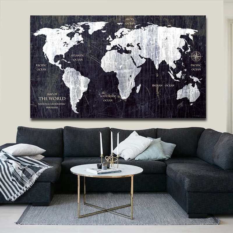 Vintage HD WORLD MAP Canvas Painting Printing Poster Wall Pictures For Living Room Black Map Decorative Art Home decor