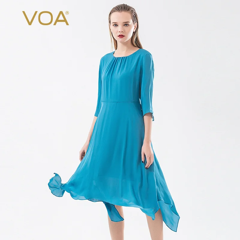 

VOA Real Silk Blue Boat Neck Half-sleeve Shirt High-waisted Yoke Pleats Irregular Hem Soft And Elegant Pullover Dress AD18