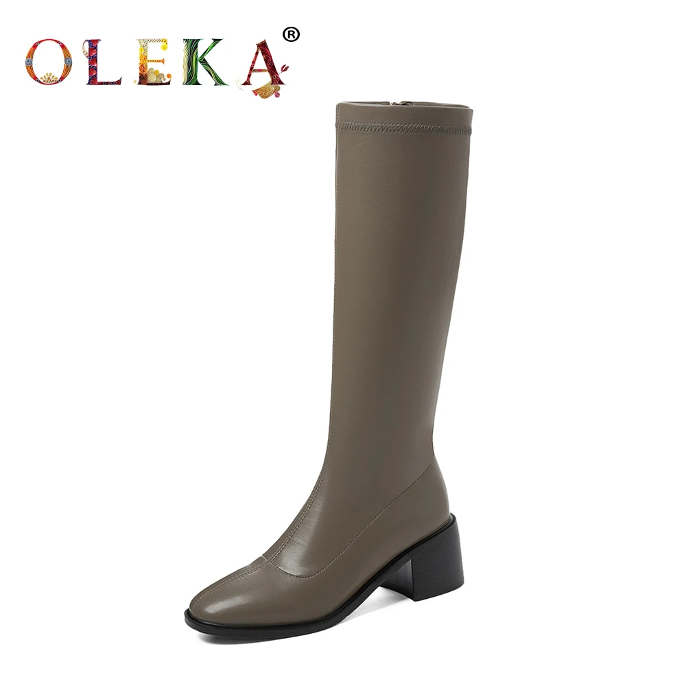 

OLEKA Knee-high Winter Fur Boots Square Heel Totem Round Toe Ladies Boots Mature Style Basic New AS498