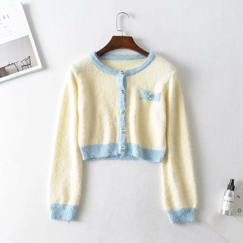 TXJRH года, милый пушистый свитер-кардиган контрастного цвета в Корейском стиле, однобортный Топ с карманами, мини-юбка трапециевидной формы, комплекты из 2 предметов