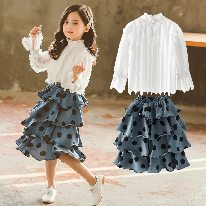 Шифоновый топ для девочек; Многослойная юбка-пачка в горошек; костюм из двух предметов для девочек