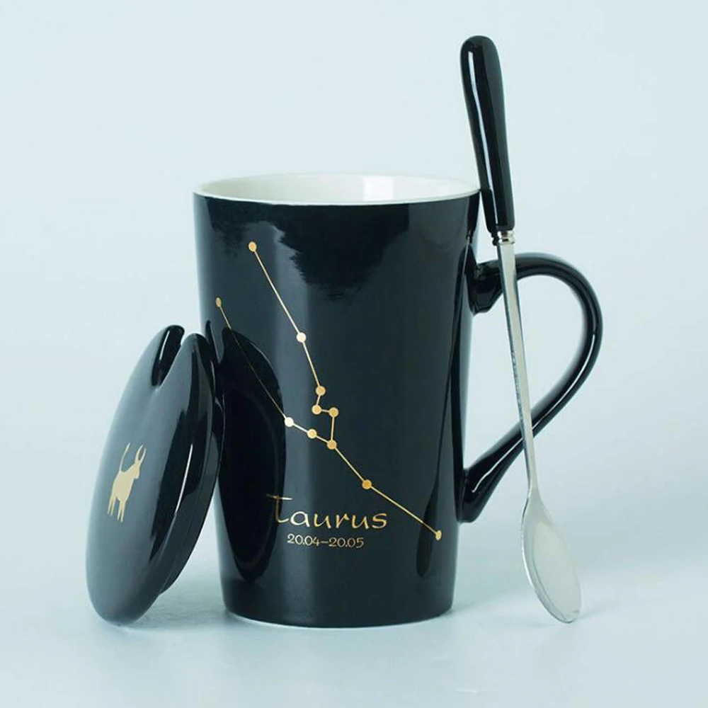 12 созвездий креативные керамические кружки с ложкой крышкой черный и Золотой фарфор Зодиак чашка для кофе с молоком 450 мл кофейная чашка - Цвет: Taurus