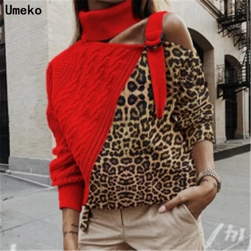 Umeko Autumn Winter Pre-sale Leopard Halter Knit Sweater Women Jumper Strapless Pullover Long Sleeve Female Knitwear Pull Femme