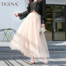 Женская юбка макси из тюля TIGENA, длинная плиссированная юбка с высокой талией для женщин на весна-лето