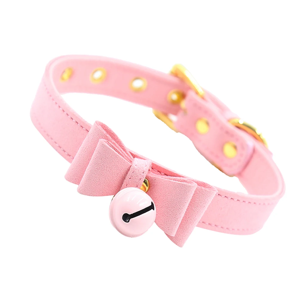 PU Leather Bow Collar Necklace Choker with Bell Cosplay Kitty Necklace Pink