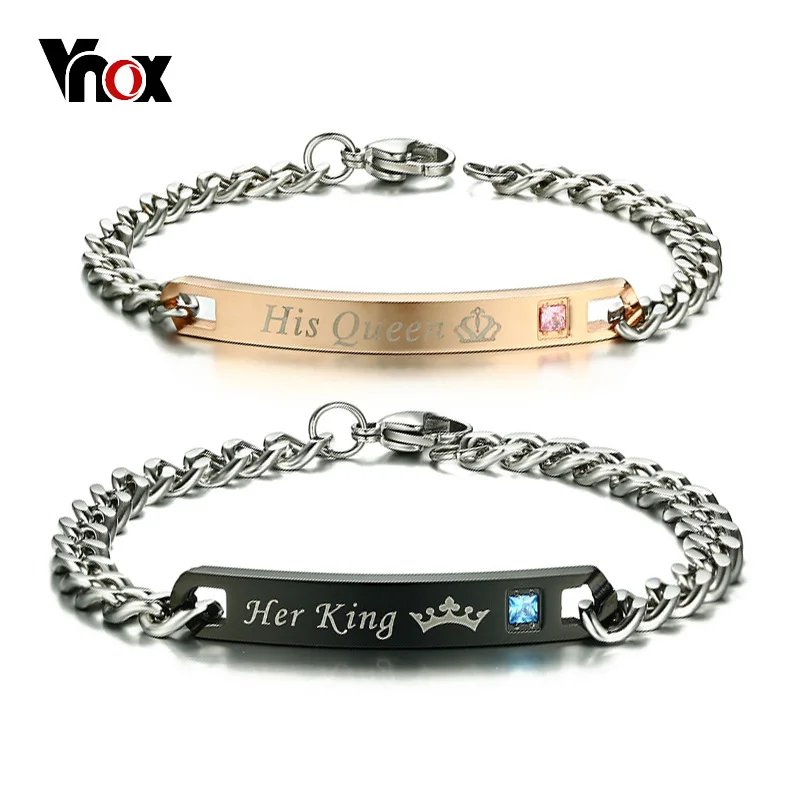 Vnox Бесплатная гравировкой DIY его Queen ее король Пара ID браслет для Для женщин