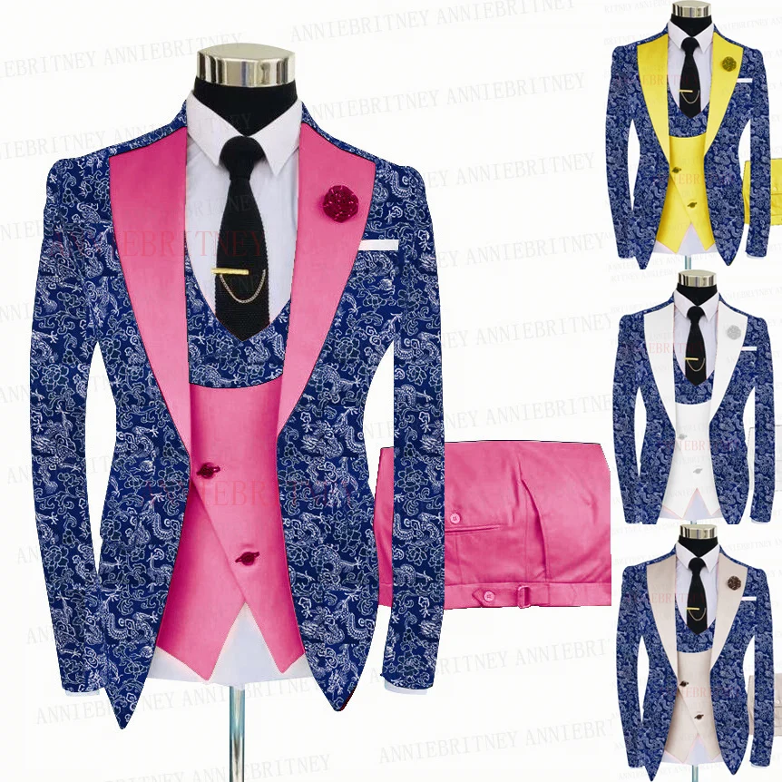 Men Fashion Blue Floral Printed 3-Piece Suit Groom Wedding Tuxedo Slim Fit Shiny Blazer Vest Pants Set