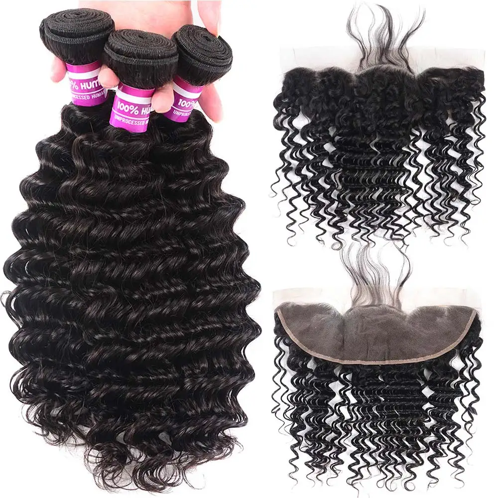 

3/4 Deep Wave Bundles With Frontal 13x4 Frontal With Bundles Salonchat Remy Human Hair Extension Brazilian Hair Weave Bundles
