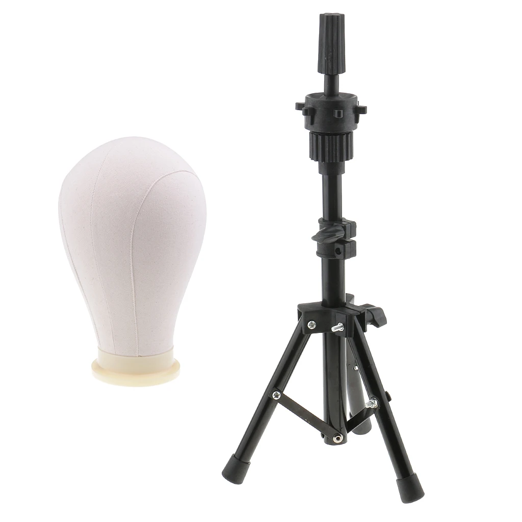 24’’ Beige Wig Making Styling Cork Canvas Block Mannequin Head Model with Metal Adjustable Wigs Head Stand Tripod Set