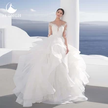 

Aedmgh Ball Gown Princess Wedding Dresses 2022 O-Neck Long Sleeve Bridal Gown Lace Appliques Sequined Ruffles Robe De Mariee