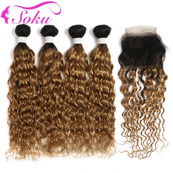 

4PCS Water Wave Human Hair Bundles With Closure SOKU Brazilian Ombre Hair Weave Bundles With Closure Non-Remy Hair Extension