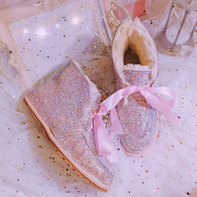 AB Pink JELLYFOND стразы; зимние модные ботинки; женские зимние ботинки на плоской подошве из натурального меха; Водонепроницаемая теплая зимняя обувь; Botines Mujer - Цвет: AB Pink