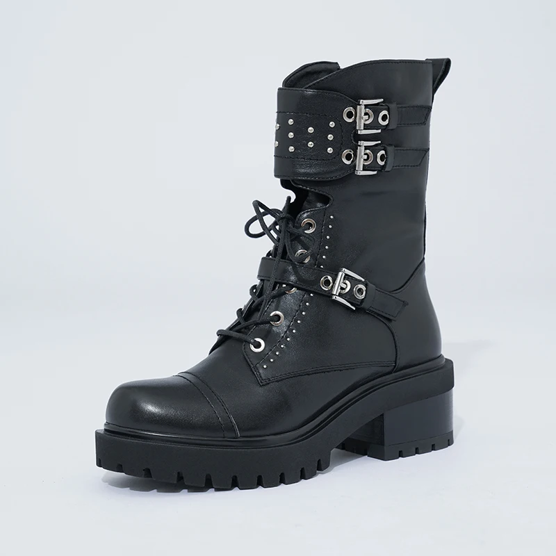 

High Quality 2021 New Winter Street Style Women Motorcycle Boots Genuine Leather ANKLE Round Toe 6cm High heels Rivet Shoes