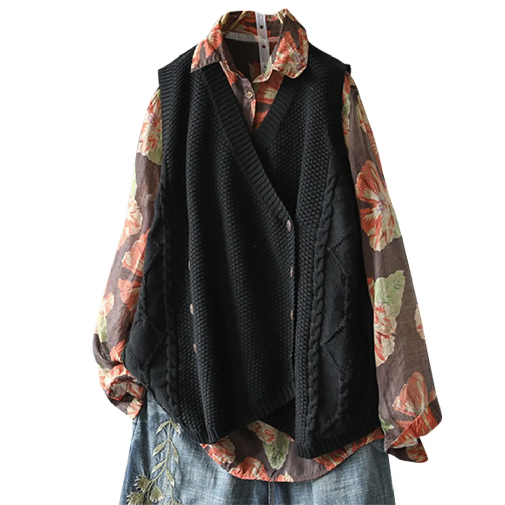 Женский свитер жилет без рукавов свободная кнопка вниз v-образный вырез сплошной цвет вязаный жилет NGD88 - Цвет: Черный