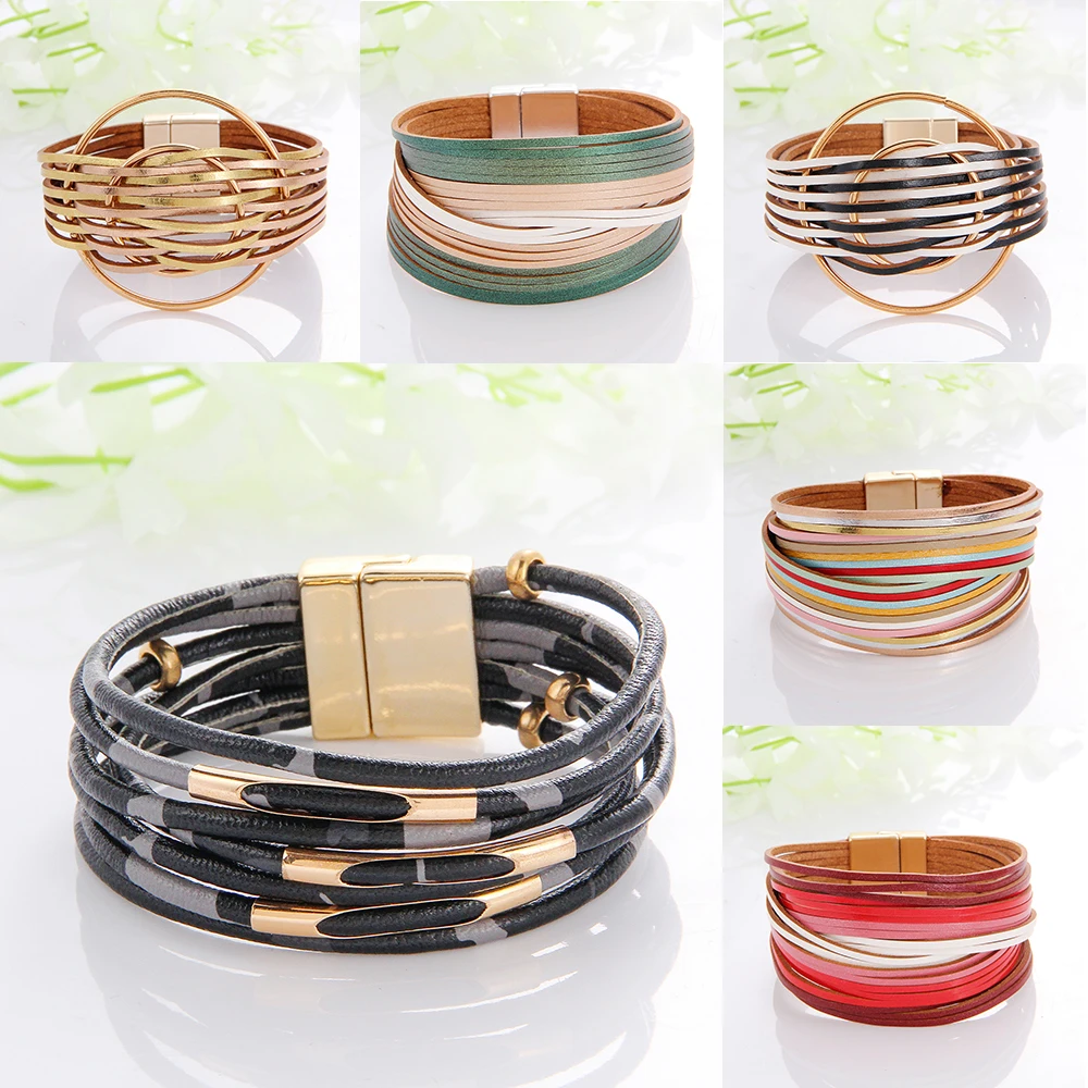 Bracelet Jewelry Multilayer Leather Bracelet For Women Magnet Clasp Charm Braided Wide Wrap Bangles