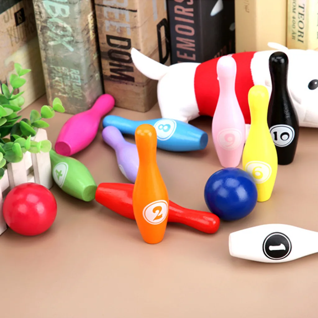 

Brand New 12pcs/set Wooden Color Bowling Set 10 Pins 2 Ball Bowling Game for Kids Indoor Family Sports Educational Toy