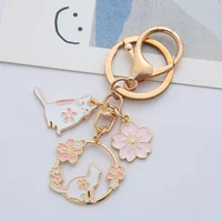 Cute Round Rabbit Cat Metal Keychain Lovely Pink Sakura Car Bag Keyring Girl Boy Couple Jewelry Lanyard Headset Pendant 2