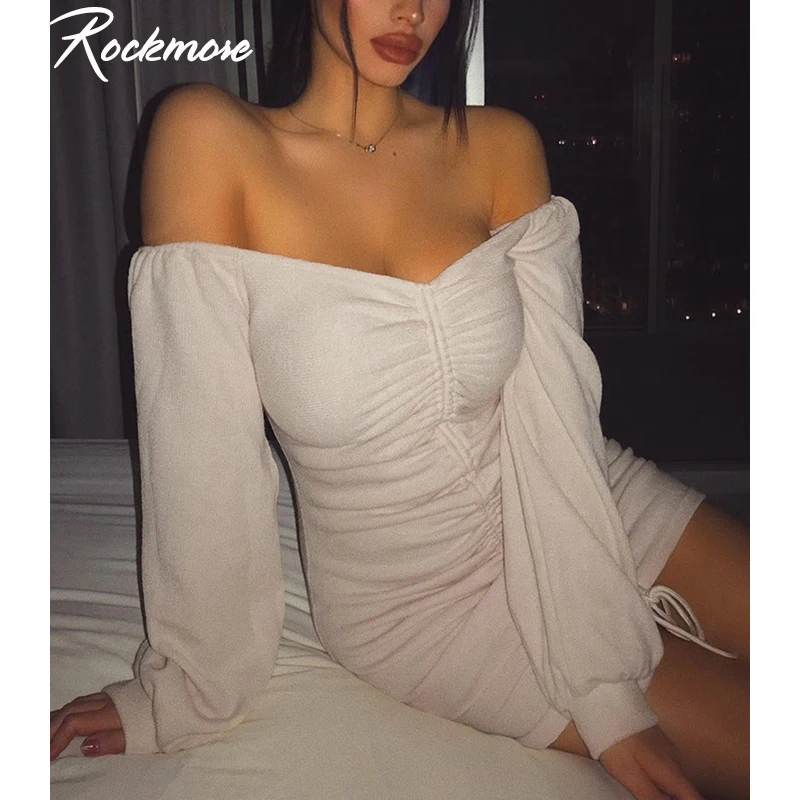 

Rockmore Pleated Slash Neck Sexy Mini Wrap Dress Women Bodycon Vestidos Streetwear Vestido Party Above Knee Dresses Femme Autumn