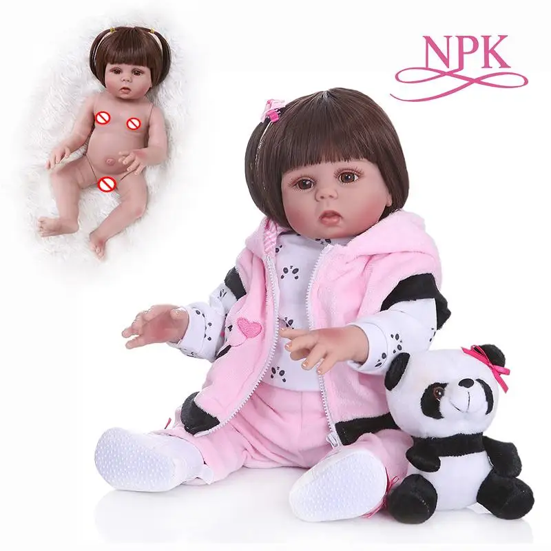 

NPK 48CM baby doll reborn toddler girl in panda dress full body soft silicone realistic baby bath toy Anatomically Correct