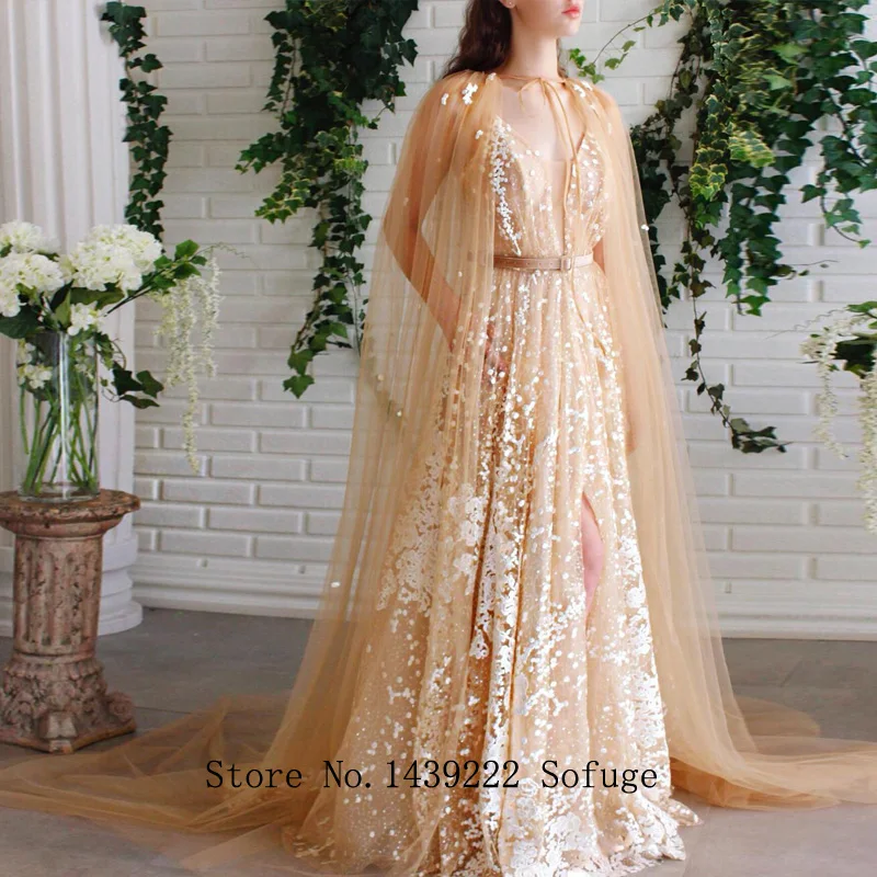 Чемпион V образным вырезом Вечерние платья выпускного вечера с накидка, пояс с высоким разрезом Vestidos De Fiesta Robe De Soiree размера плюс