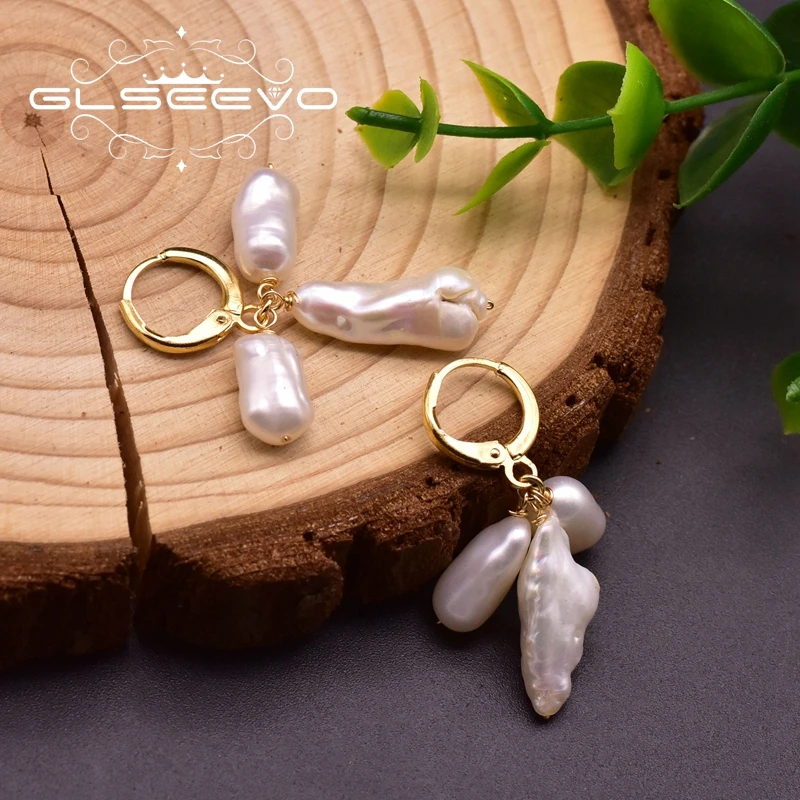 Серьги подвески GLSEEVO с натуральным пресноводным барочным жемчугом женские