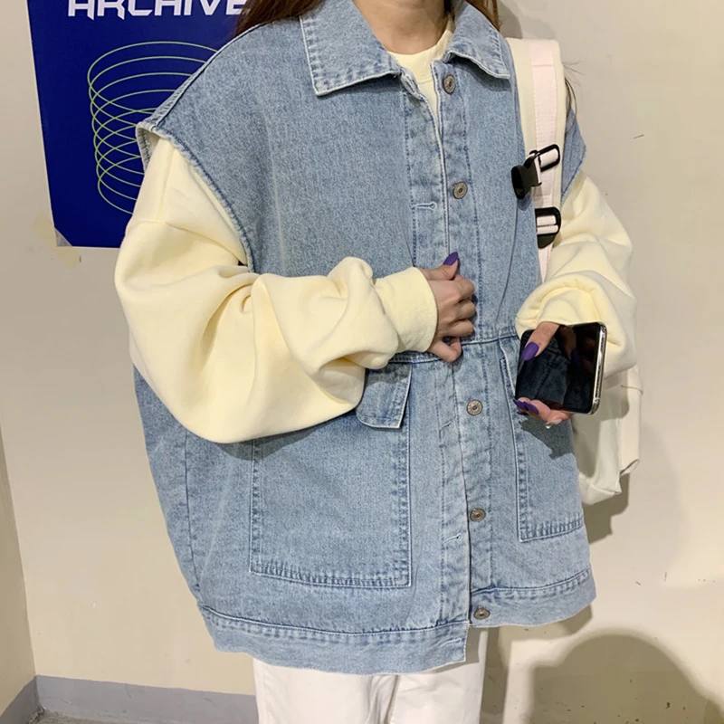 Синий Зимний утолщенный джинсовый жилет для женщин Harajuku, без рукавов, с отворотом, теплая куртка для девушек, Корейский простой Свободный жилет с большими карманами для женщин - Цвет: Синий