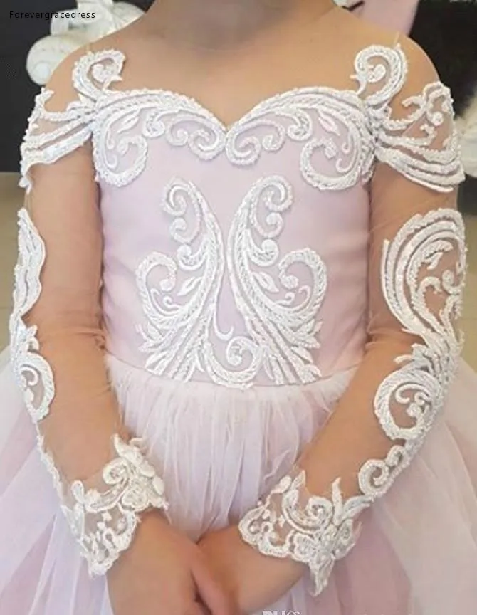 2018 Illusion Long Sleeves Lace Flower Girls Dresses Tulle Applique A Line Bow Sash Girls Dresses Formal Runaway Wears BA7399  99 (4)