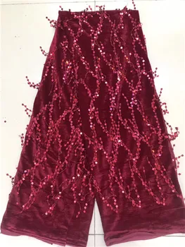 

Hot Sale Velvet Lace Fabric 2019 High Quality African Lace Fabric with Sequins Wine Red French Lace Fabric for Evening Dress J10