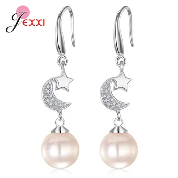 

Korean Pink Pearl Drop Earrings For Women Moon & Star 925 Sterling Silver Zirconia African Bridal Dangle Earrings Wholesale