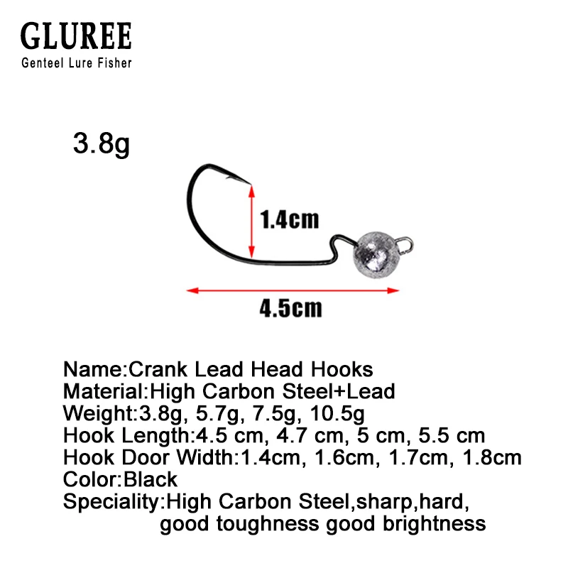 GLUREE 5 шт. 3,8 г 5,7 г 7,5 г 10,5 г свинцовые головки Крючек для морской рыбалки крючок рукоятка джига крючок рыболовные крючки мягкий червяк для ловли карпа рыболовные аксессуары