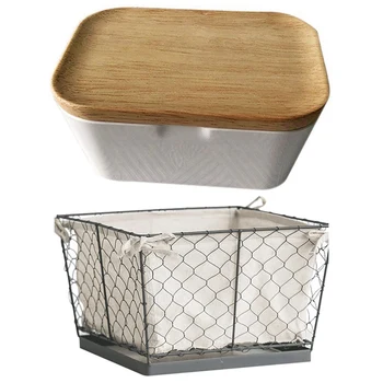 

1pcs Iron Storage Basket Kitchen Snack Storage Basket & 1pcs Butter Dish Butter Box Container with Wooden Cover 250Ml