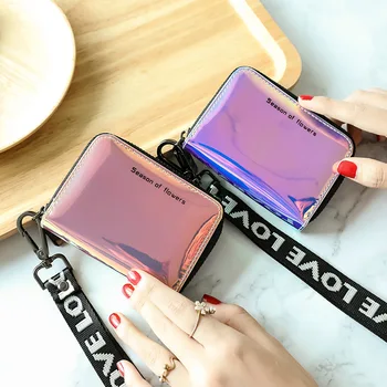 

Women Neck Lanyard Short Card ID Holder Laser Holo Girls Coin Purse and Handbag Ladies Clutch Short Mini Wallet Cartera de mujer