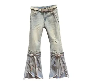 

European style high waist frayed cropped jeans women 2020 spring new irregular beaded heavy craft flared pants r681