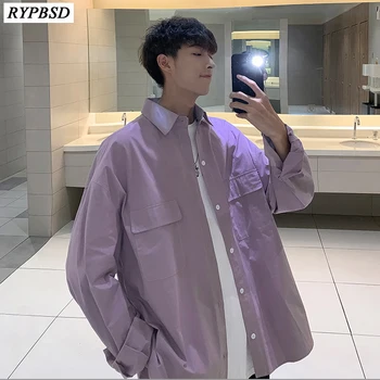 

Harajuku Men Shirt Korean Fashion Loose Solid Color High Quality Long-sleeved Hip Hop Streetwear Shirt Oversize Harajuku M-XXL