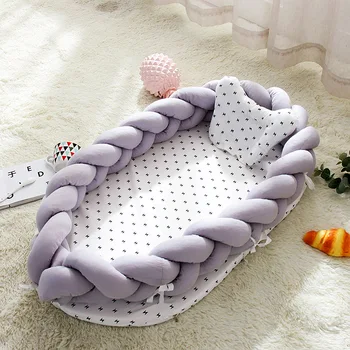 

Portable Baby Knit Crib with Pillow Newborn Sleeping Nest Playen Bed Travel Bassinet Bumper Removable And Washable 0-24months