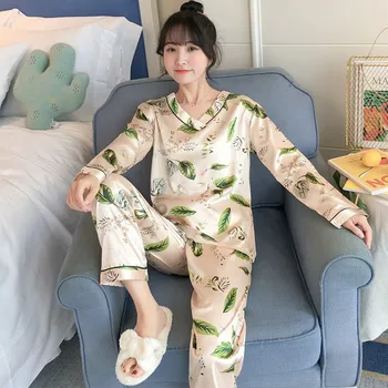 

Sets (Shirt+Pants ) Sleepwear Plus Size Silk Summer Sleeping Wear Pijama Ropa Interior Lingerie Home Camisa Dormir Sleep Clothes