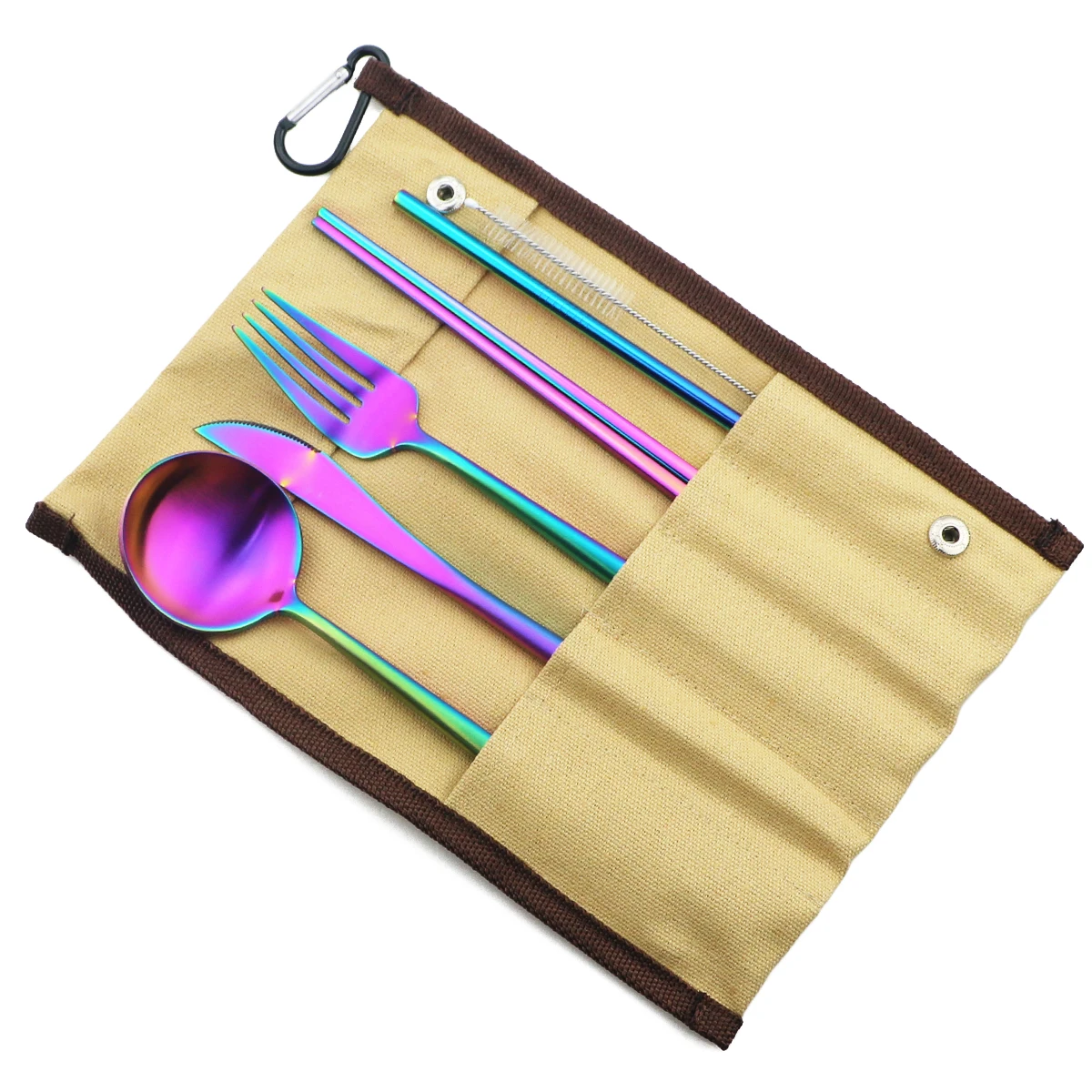 Beige A Bag Rainbow Красочный портативный набор столовых приборов для хранения путешествий Набор ножей вилка ложка палочки для еды набор соломинок пикники офисы посуда для барбекю - Цвет: Beige A Bag Rainbow