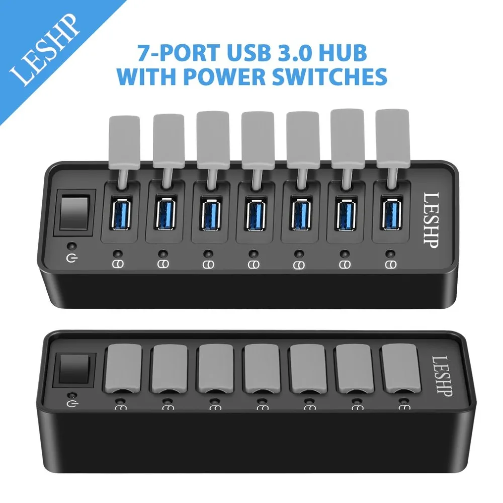 7 портов USB 3,0 концентратор Высокоскоростной 5 Гбит/с USB 3,0 концентратор данных сплиттер со светодиодами и переключателем внешний адаптер питания для ПК ноутбука