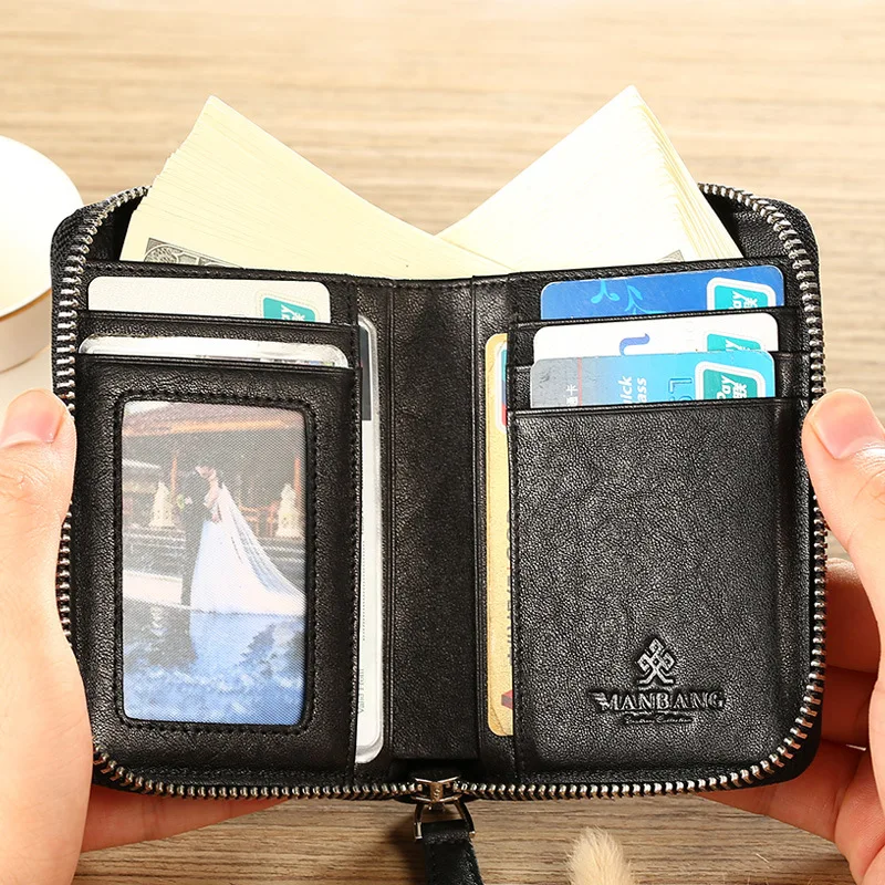 

ManBang MEN'S Wallet Short Genuine Leather Zipper Full-grain Leather Verticle Wallet Japanese Korean Youth Soft Leather Multi-fu