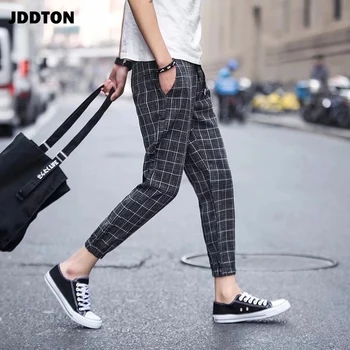 

JDDTON Mens Plaid Pants Jogger Sweatpant Casual Hip Hop Streetwear Man Loose Ankle-Length Pant Male Beam Foot Thin Trouser JE276