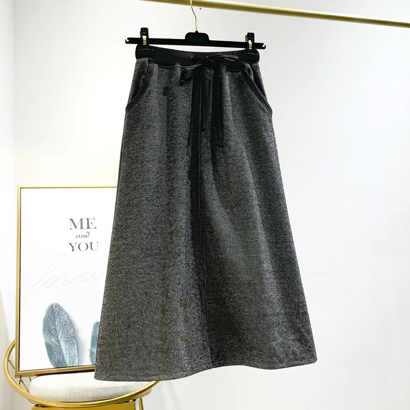 Модный накладной карман, тонкая Осенняя Длинная зимняя юбка средней длины Jupe Femme, Женская эластичная талия, Повседневная элегантная юбка до середины икры трапециевидной формы