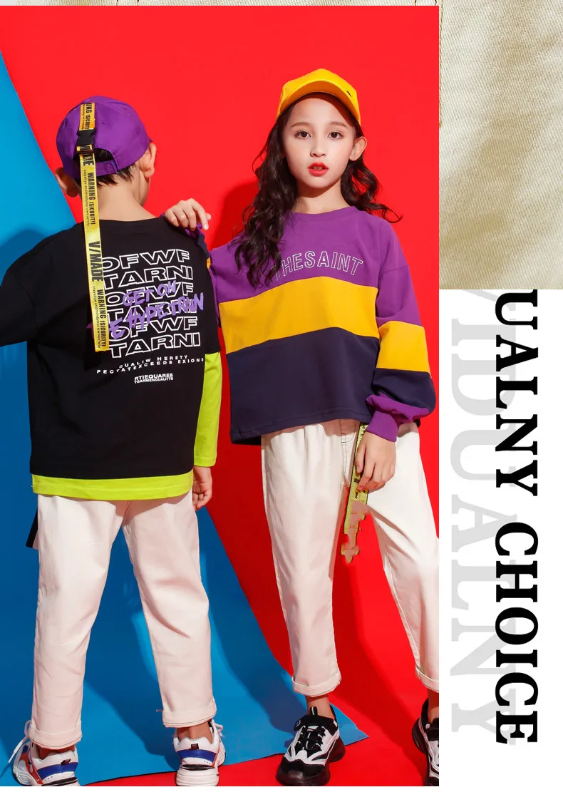 Black Purple Hoodie White Pants Set Children's Hiphop Street Dancewear Suit Kids Girls Boys Jazz Hip Hop Dance Costumes Clothes (11)