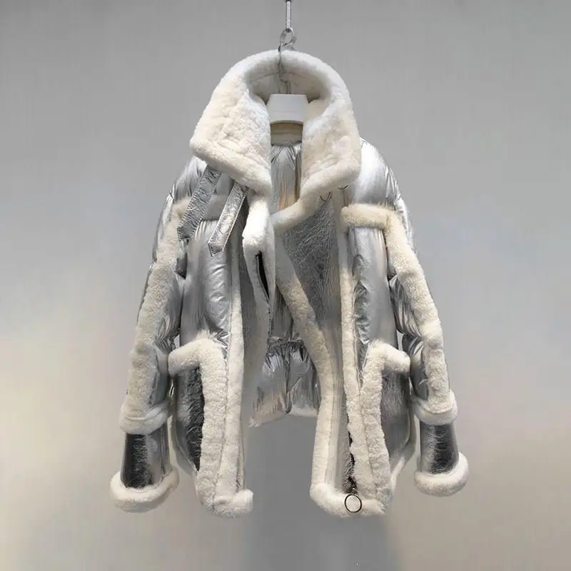 Зима, высокое качество, воротник с лацканами, длинный рукав, серебряное пальто для женщин, двустороннее меховое винтажное теплое пальто