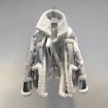 Зима, высокое качество, воротник с лацканами, длинный рукав, серебряное пальто для женщин, двустороннее меховое винтажное теплое пальто