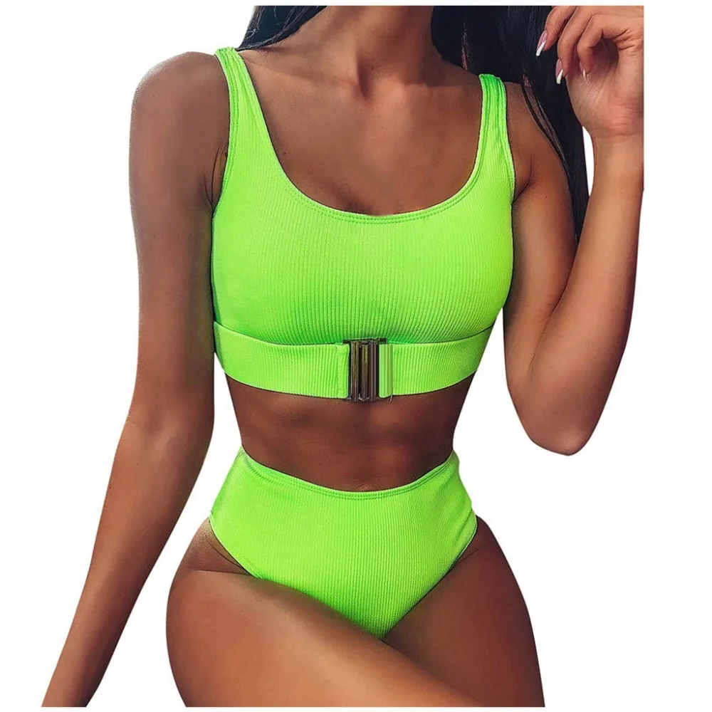 Sexy woman bikini solid button bikini high waist swimsuit suit exotic two-piece separates wire free polyester free shipping 30D9 (5)