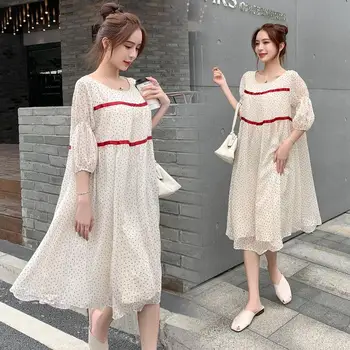 

Real Shot Maternity Dress Short-Sleeved Round Neck Stitching Loose Elegant Chiffon Mid-Length Clothes for Pregnant Women
